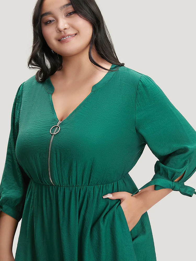 Solid Pocket Knot Sleeve Half Zipper Arc Hem  Dress - Image 8
