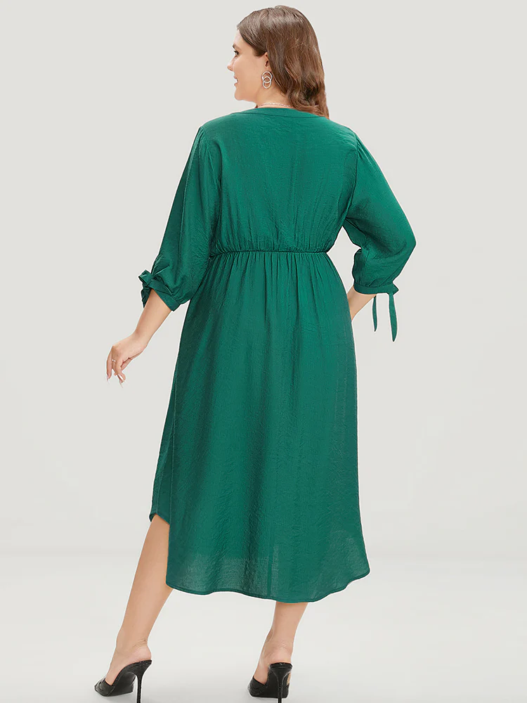 Solid Pocket Knot Sleeve Half Zipper Arc Hem  Dress - Image 9
