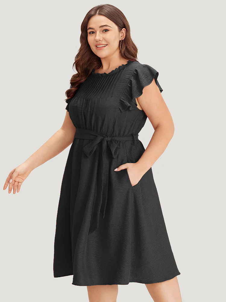 Solid Pocket Lace Insert Pleated Flutter Sleeve Dress - Image 2