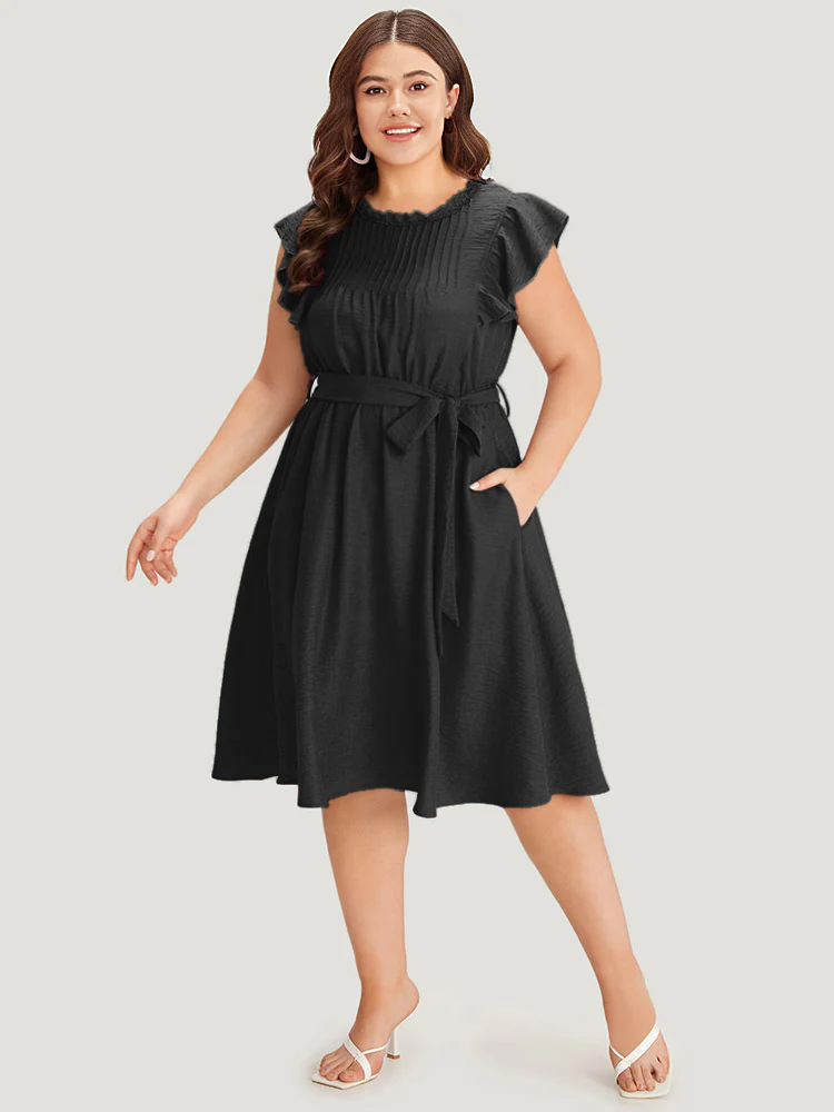 Solid Pocket Lace Insert Pleated Flutter Sleeve Dress - Image 3