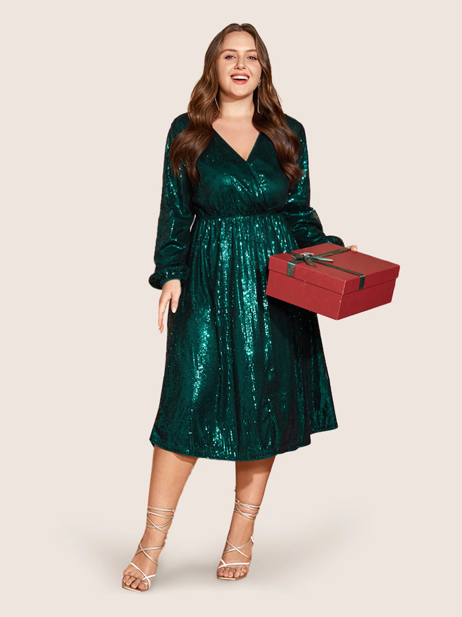 Solid Pocket Lantern Sleeve Wrap Sequin Dress - Image 10