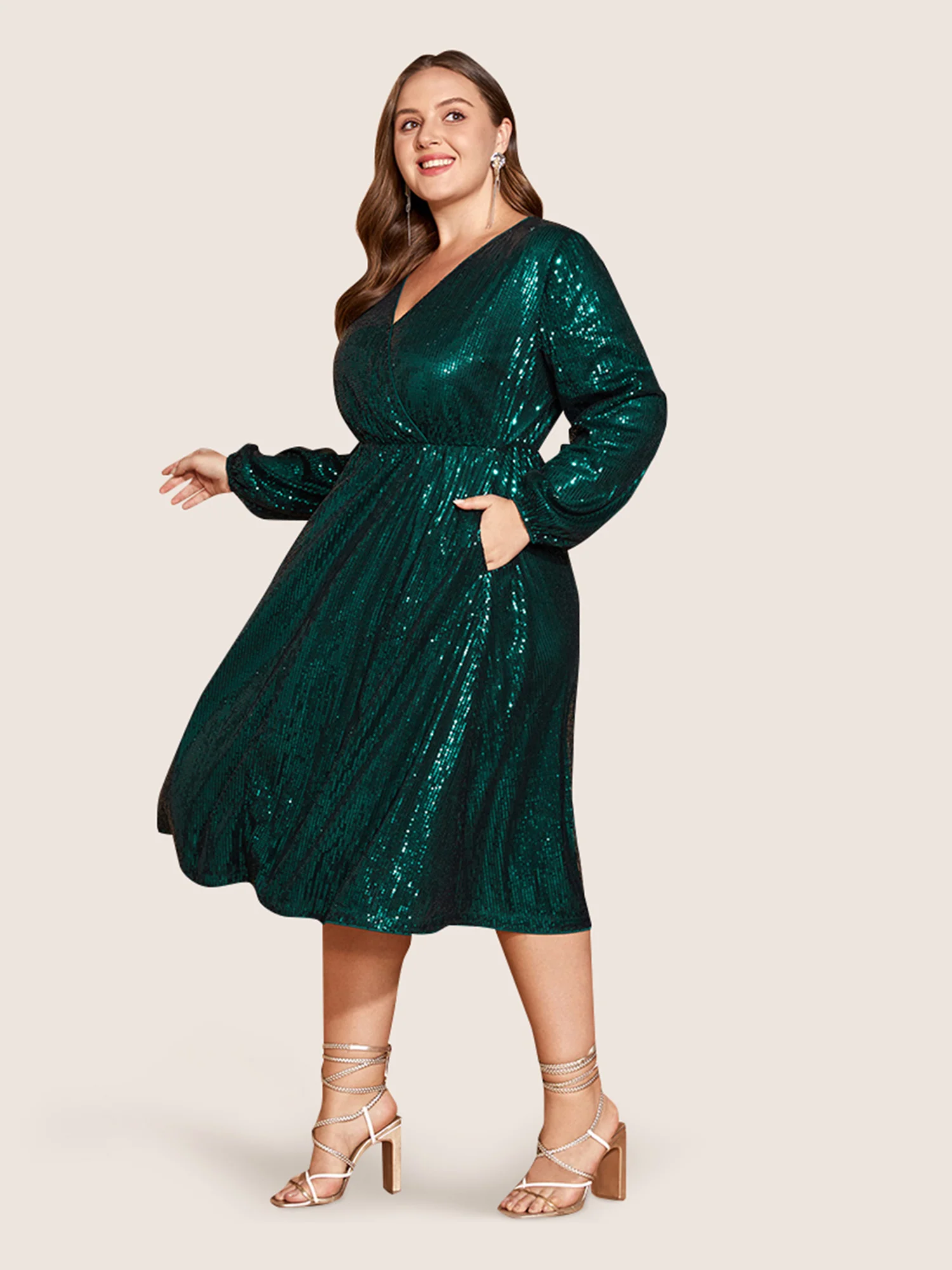 Solid Pocket Lantern Sleeve Wrap Sequin Dress - Image 11