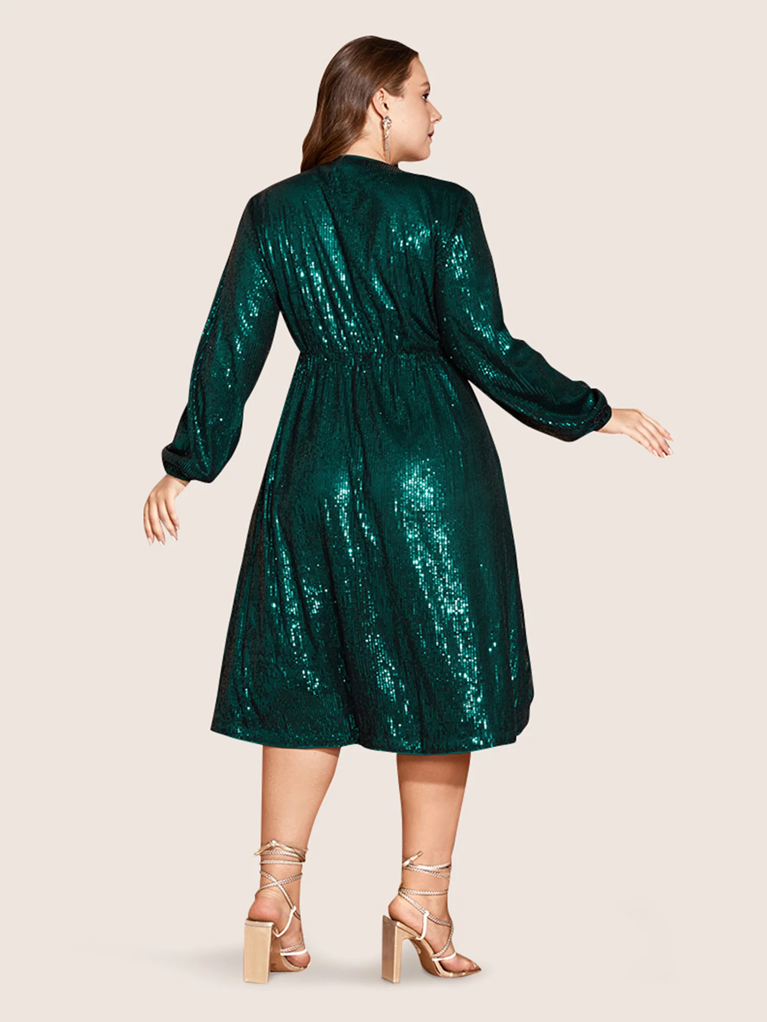 Solid Pocket Lantern Sleeve Wrap Sequin Dress - Image 12