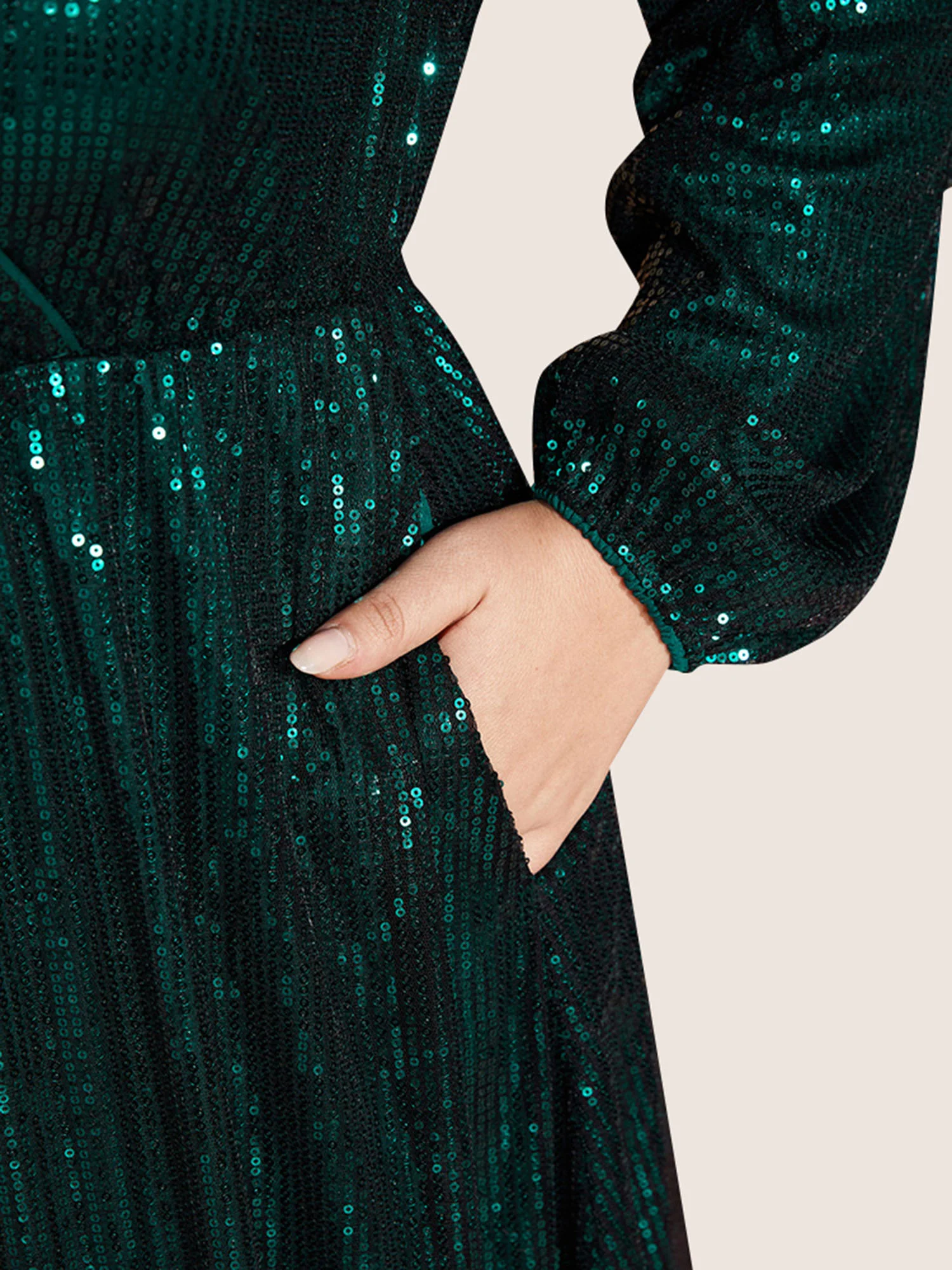 Solid Pocket Lantern Sleeve Wrap Sequin Dress - Image 15