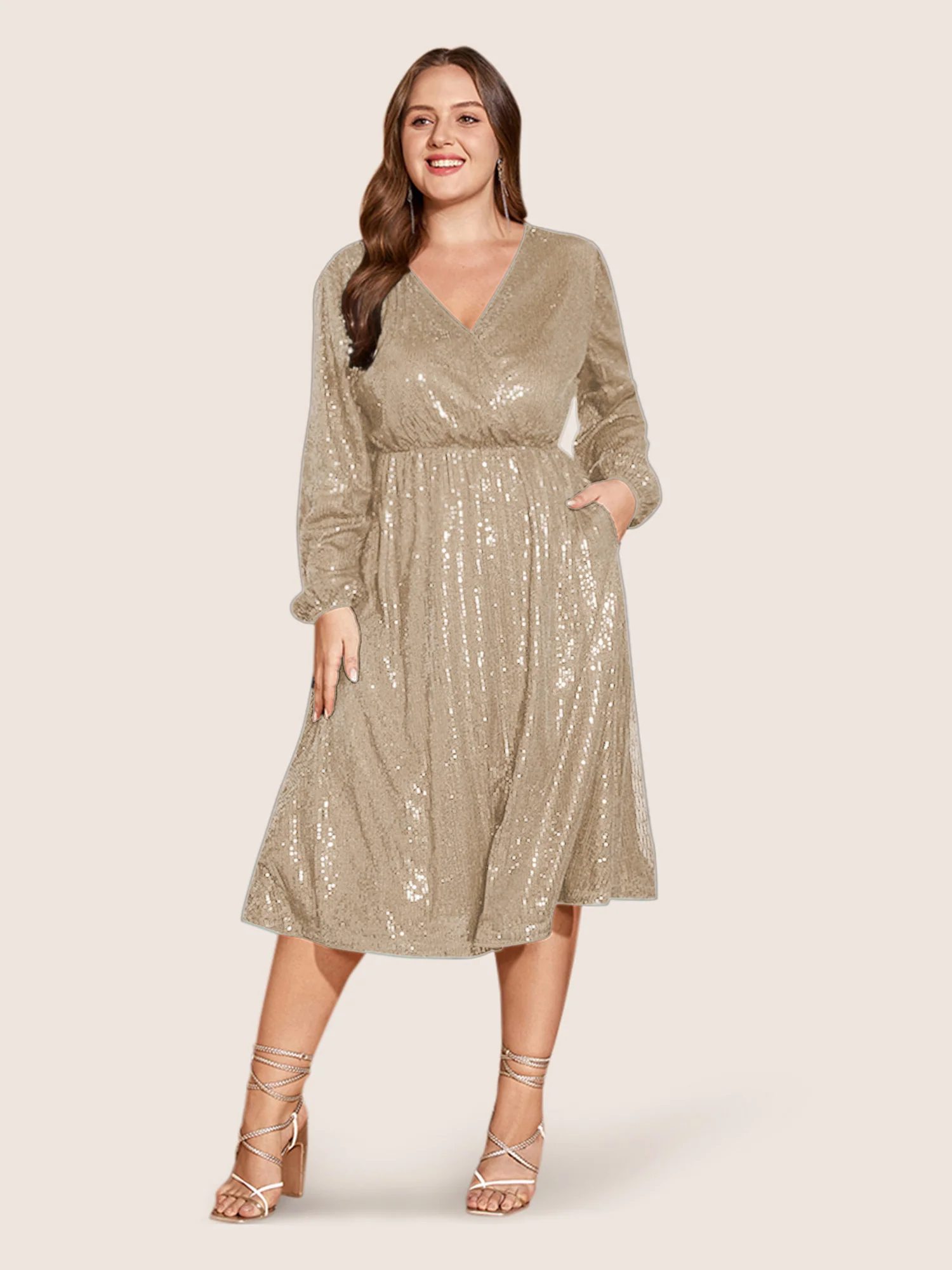 Solid Pocket Lantern Sleeve Wrap Sequin Dress - Image 23