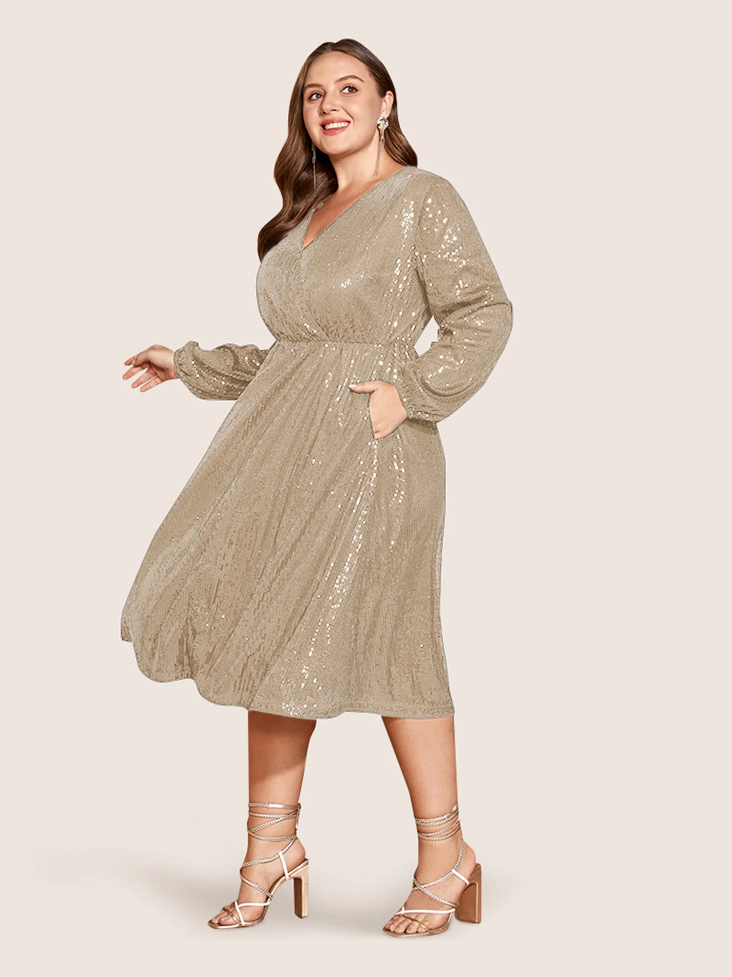 Solid Pocket Lantern Sleeve Wrap Sequin Dress - Image 25