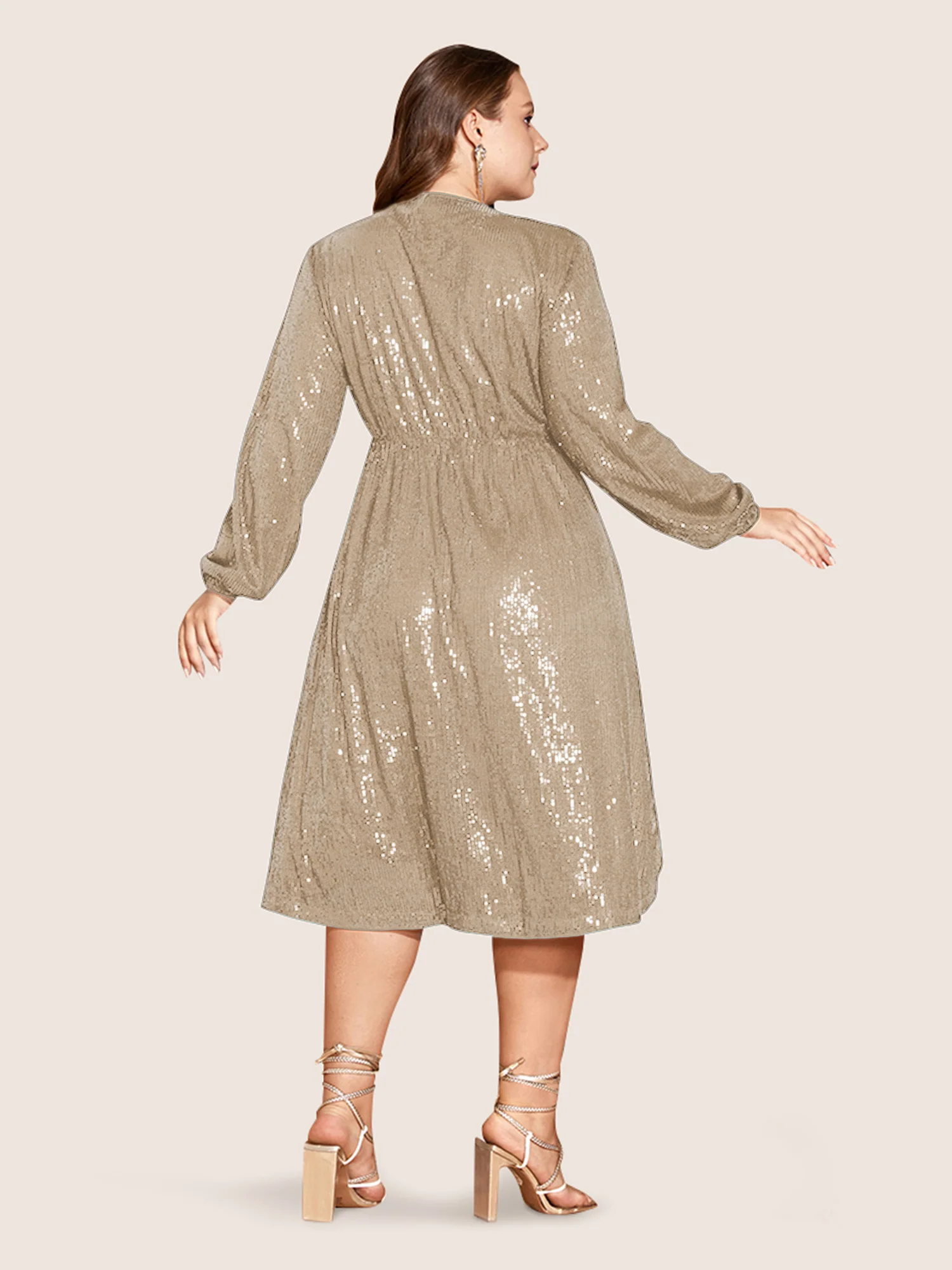Solid Pocket Lantern Sleeve Wrap Sequin Dress - Image 26