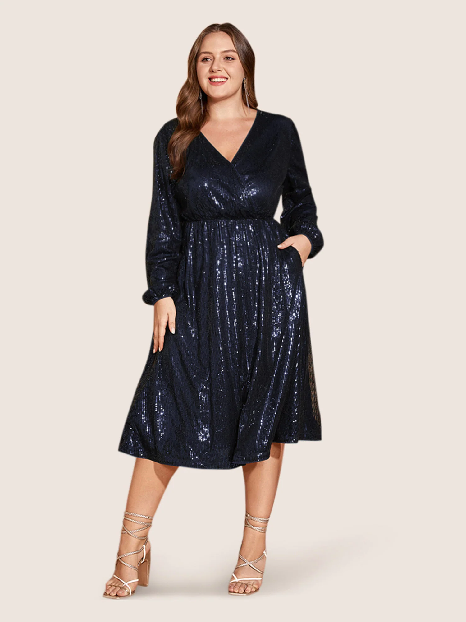 Solid Pocket Lantern Sleeve Wrap Sequin Dress - Image 27