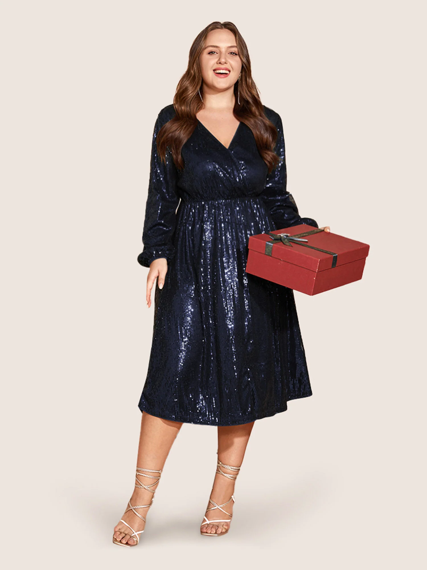 Solid Pocket Lantern Sleeve Wrap Sequin Dress - Image 28
