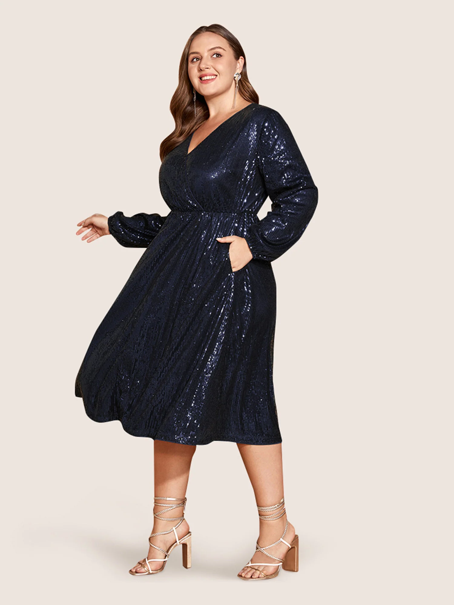 Solid Pocket Lantern Sleeve Wrap Sequin Dress - Image 29
