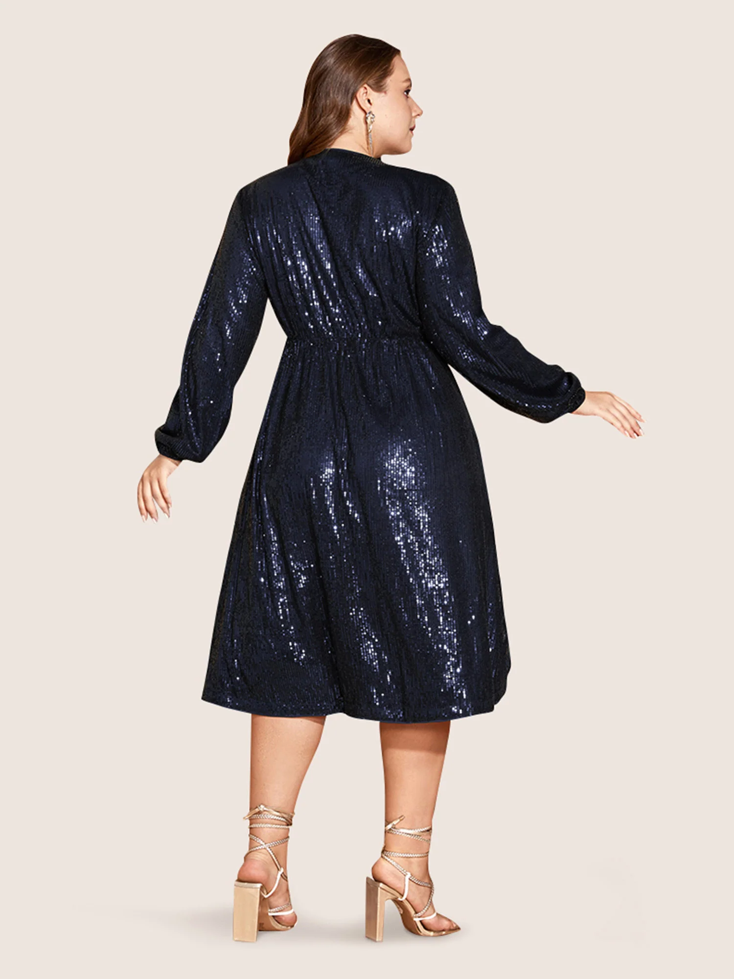 Solid Pocket Lantern Sleeve Wrap Sequin Dress - Image 30