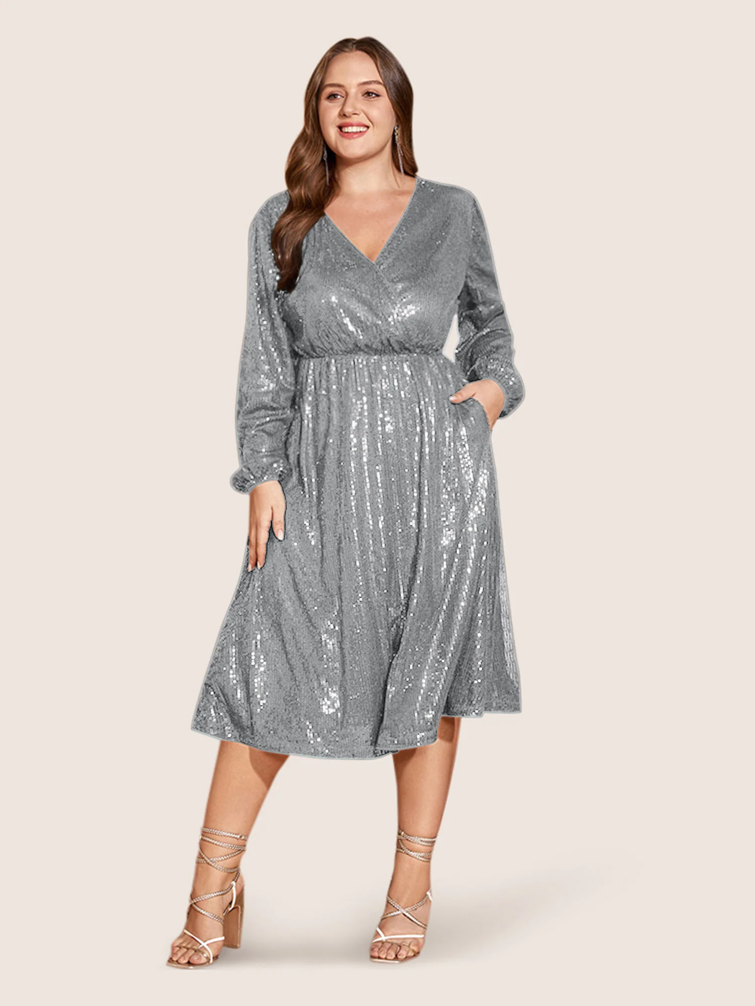 Solid Pocket Lantern Sleeve Wrap Sequin Dress - Image 31