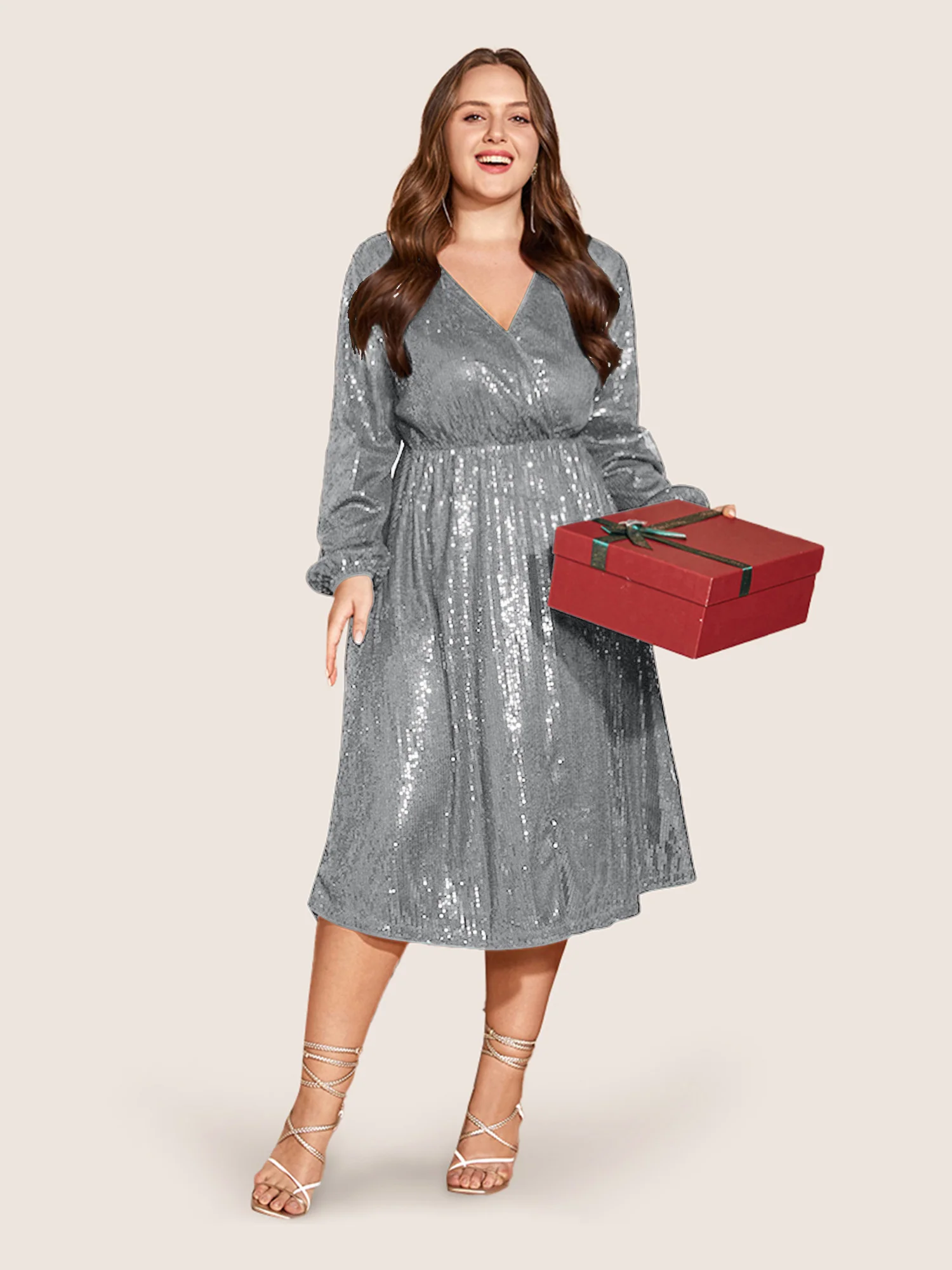 Solid Pocket Lantern Sleeve Wrap Sequin Dress - Image 32