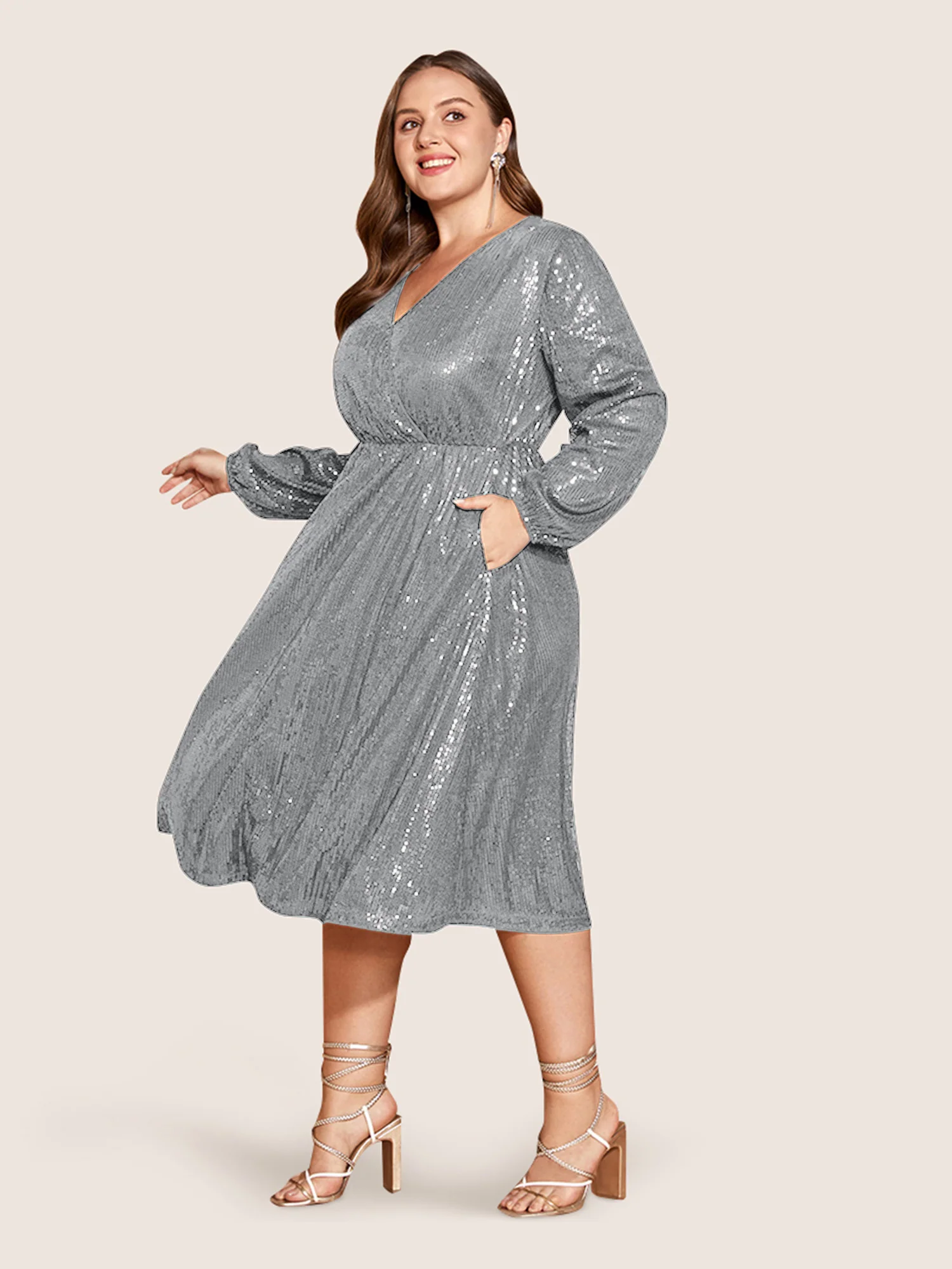 Solid Pocket Lantern Sleeve Wrap Sequin Dress - Image 33