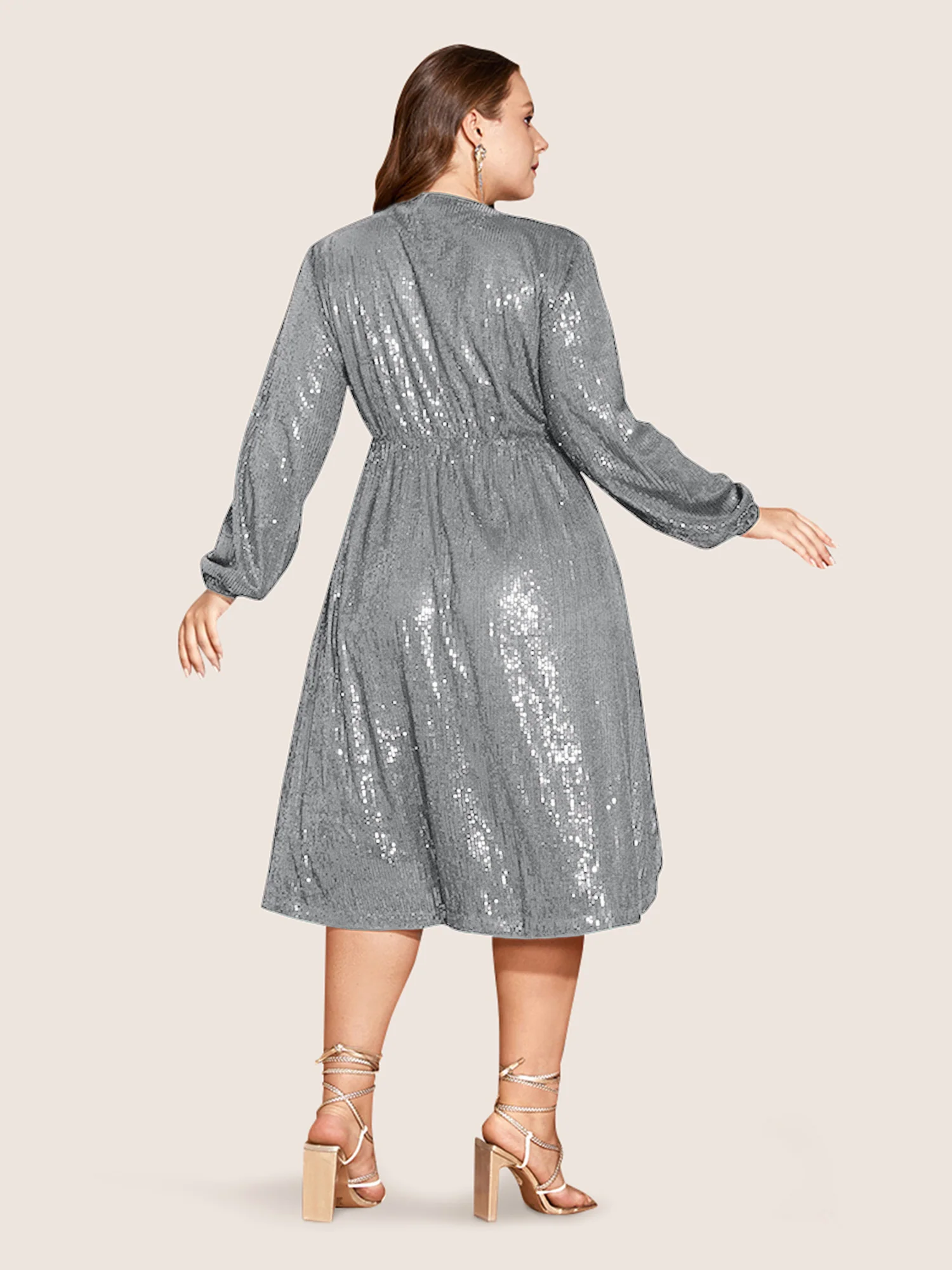 Solid Pocket Lantern Sleeve Wrap Sequin Dress - Image 34