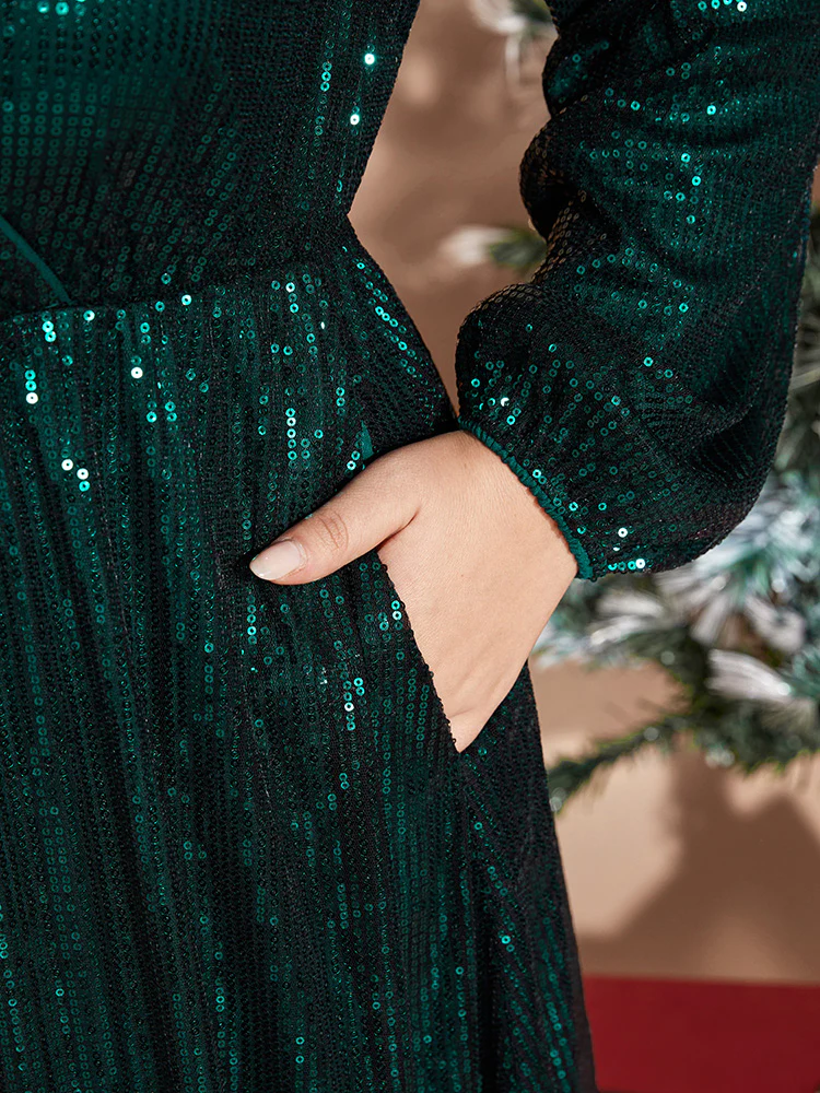 Solid Pocket Lantern Sleeve Wrap Sequin Dress - Image 5