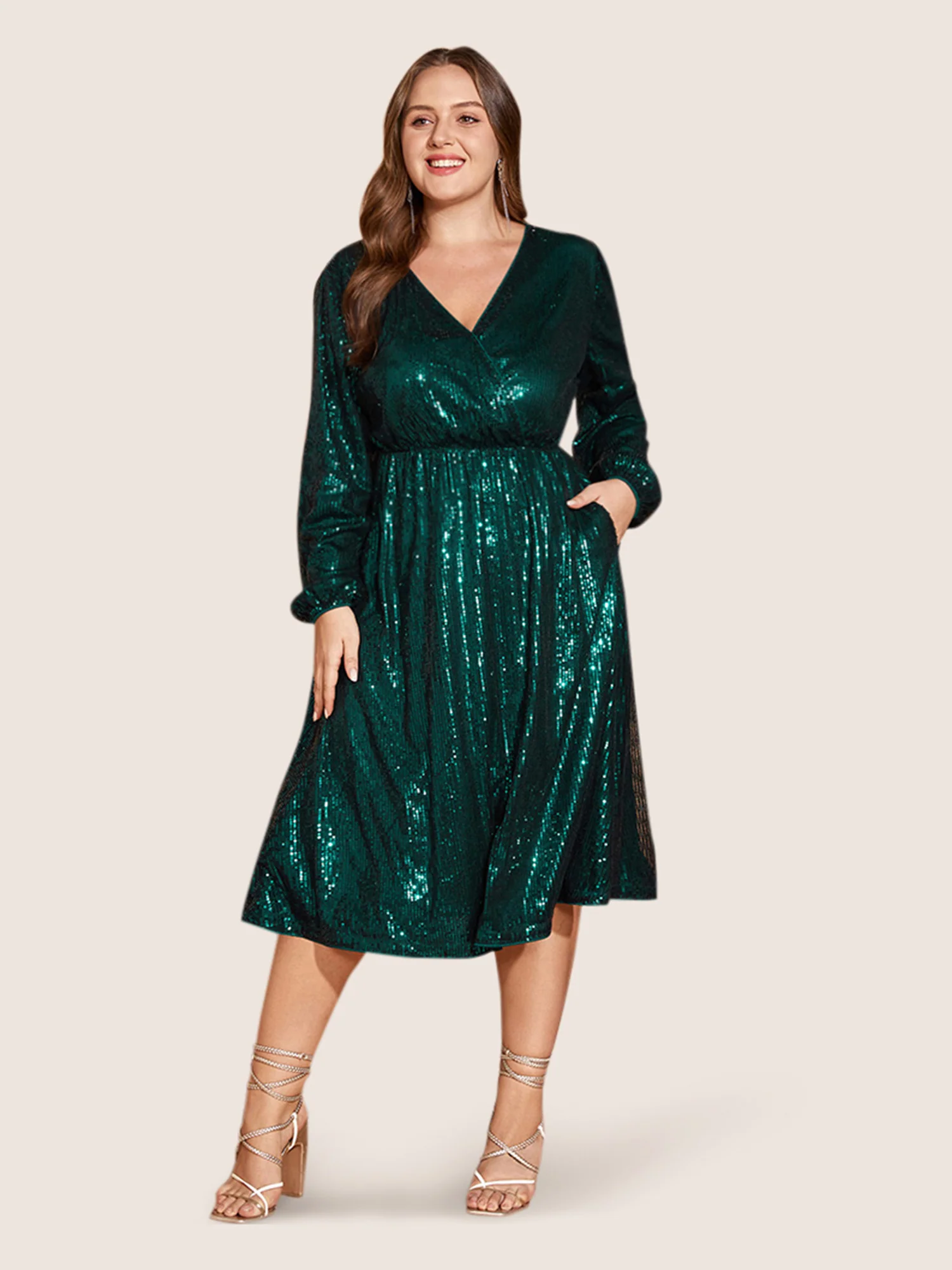 Solid Pocket Lantern Sleeve Wrap Sequin Dress - Image 9