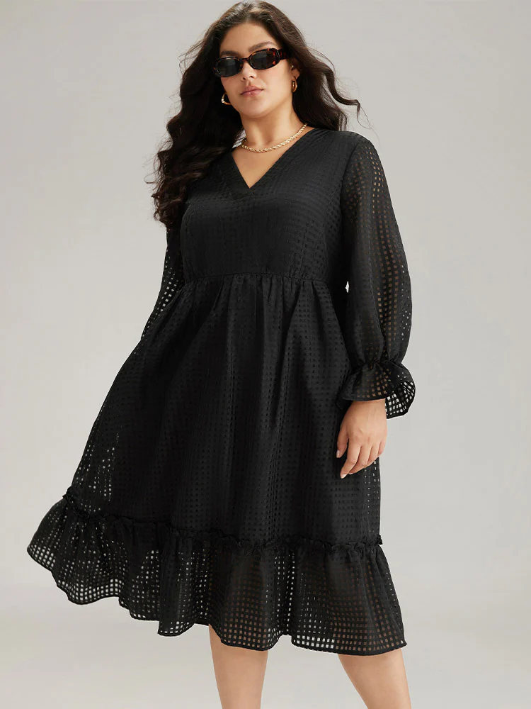 Solid Pocket Mesh Frill Trim Dress - Image 2