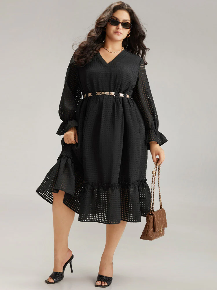 Solid Pocket Mesh Frill Trim Dress - Image 3
