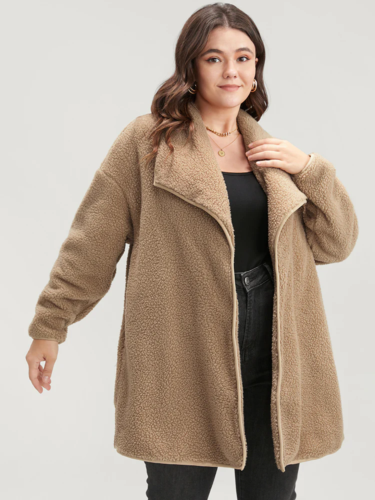 Solid Pocket Open Front Teddy Coat - Image 2