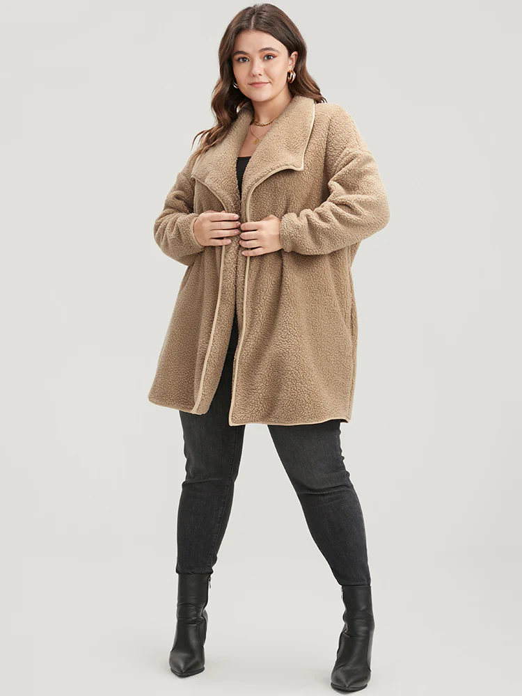 Solid Pocket Open Front Teddy Coat - Image 3