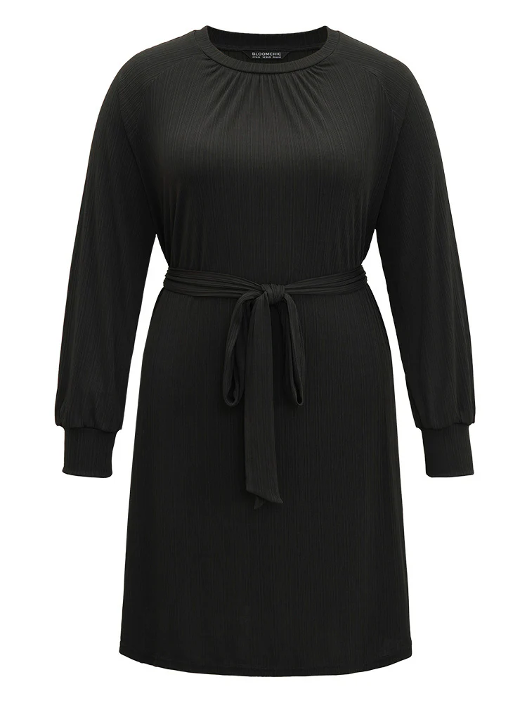 Rib Knit Solid Pocket Pleated Belted Dress - Image 10