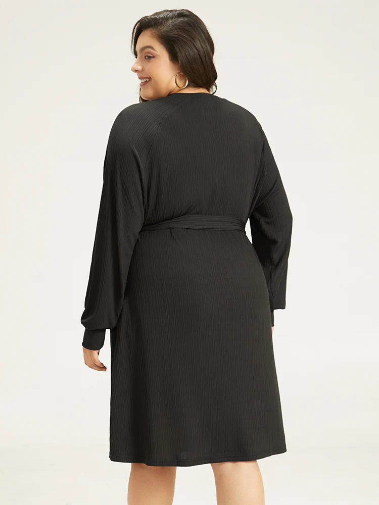 Rib Knit Solid Pocket Pleated Belted Dress - Image 2
