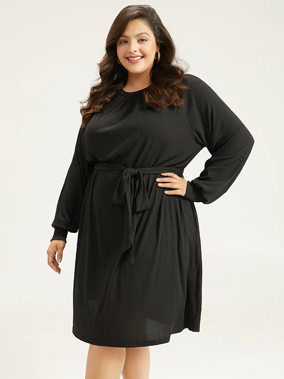 Rib Knit Solid Pocket Pleated Belted Dress - Image 3