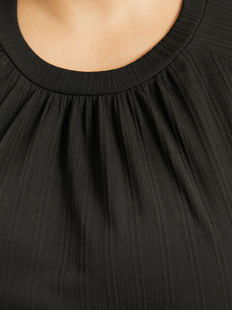 Rib Knit Solid Pocket Pleated Belted Dress - Image 6