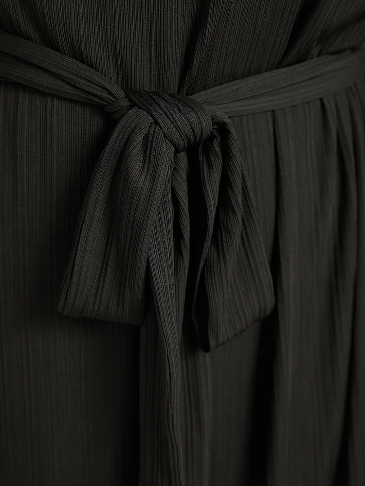 Rib Knit Solid Pocket Pleated Belted Dress - Image 7