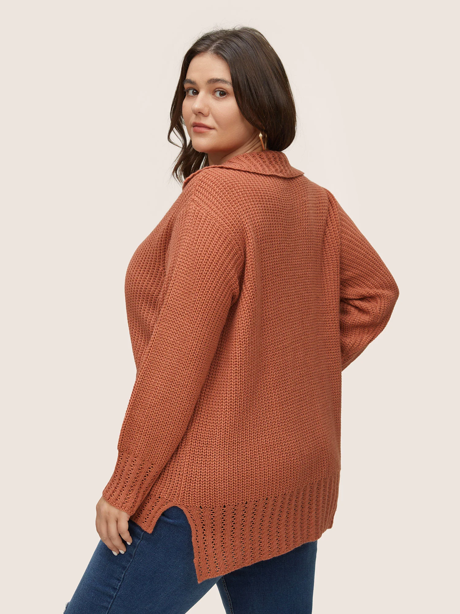 Solid Pocket Pointelle Knit Split Hem Pullover - Image 2