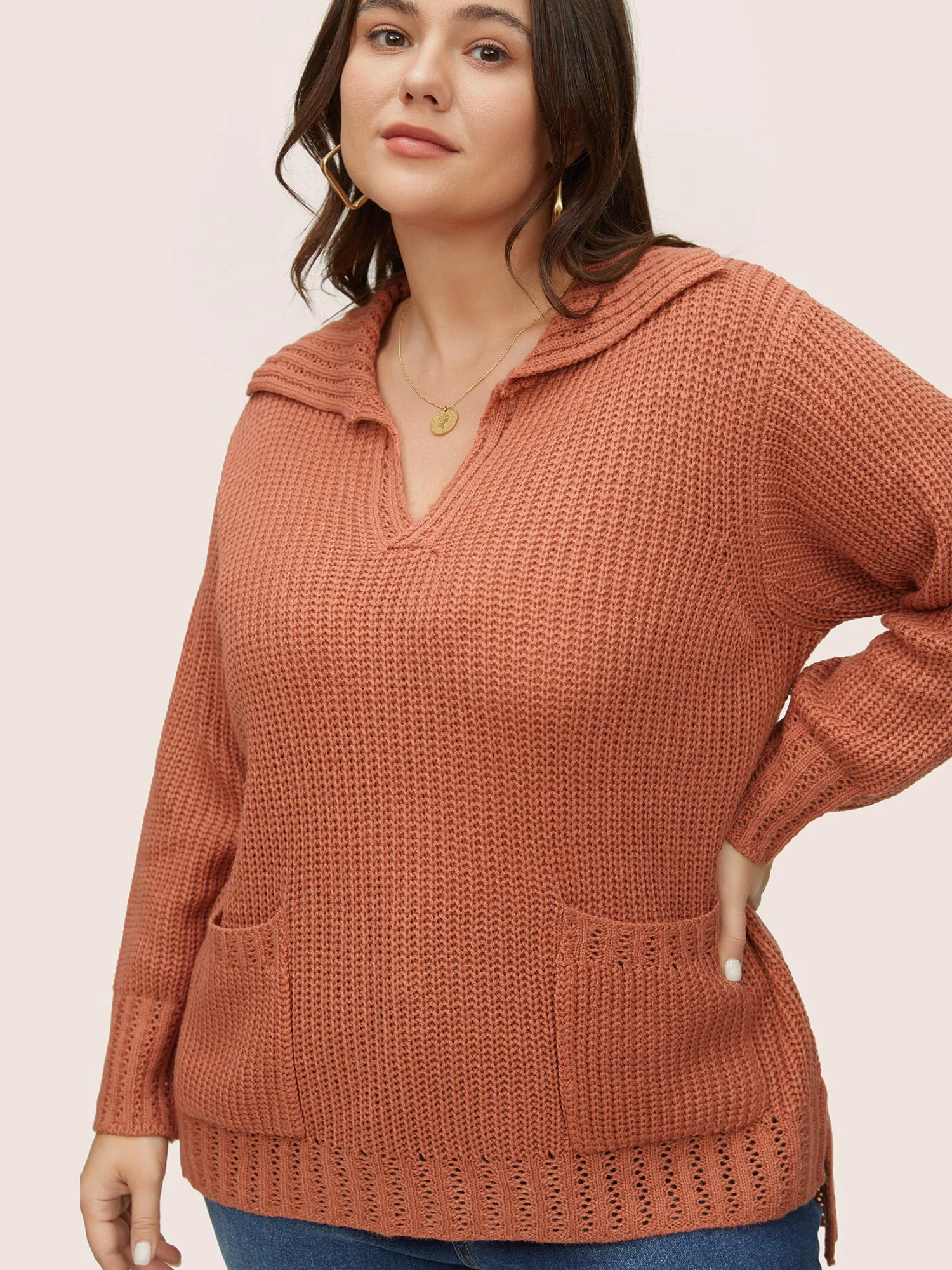 Solid Pocket Pointelle Knit Split Hem Pullover - Image 3