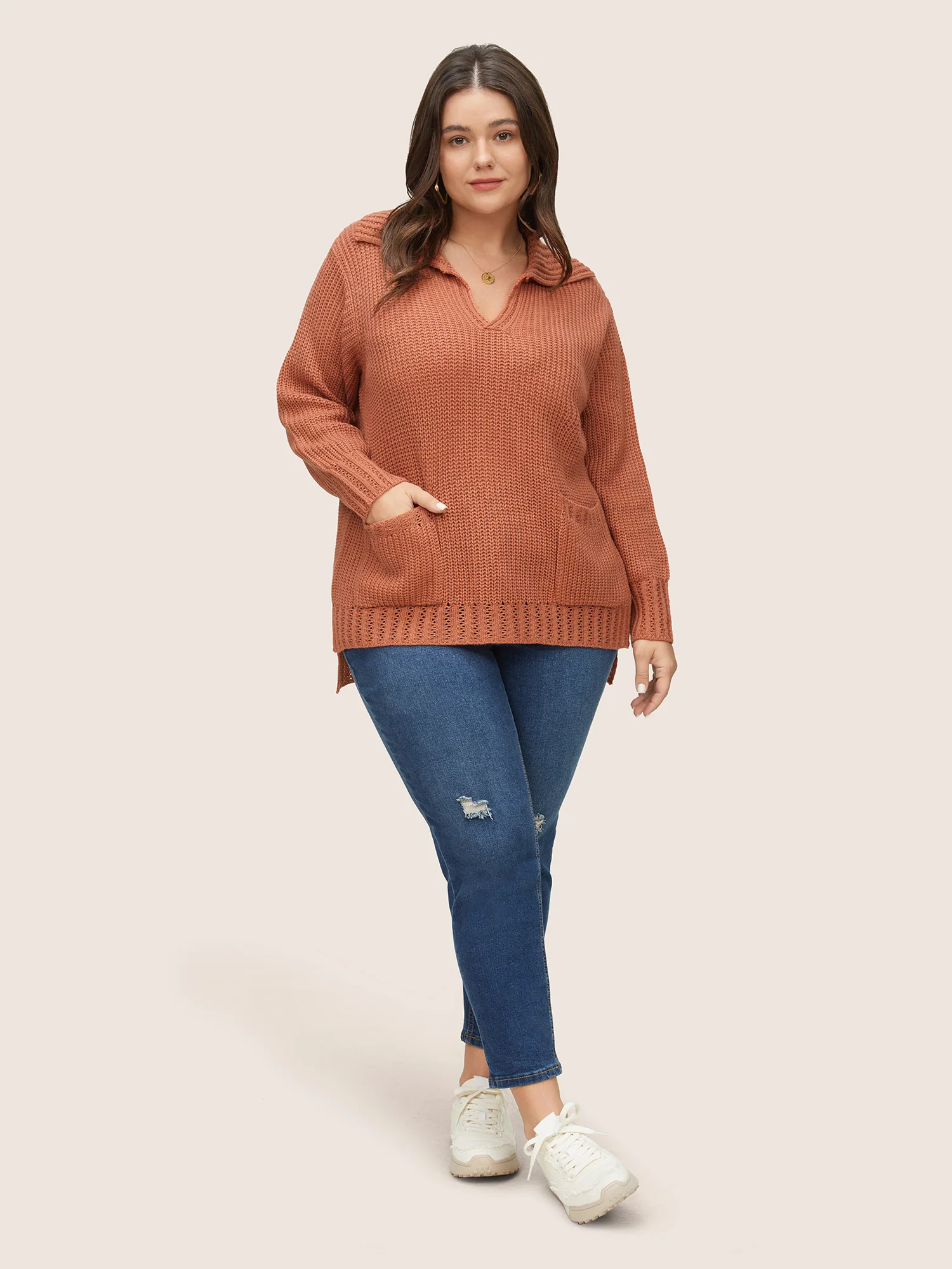 Solid Pocket Pointelle Knit Split Hem Pullover - Image 4