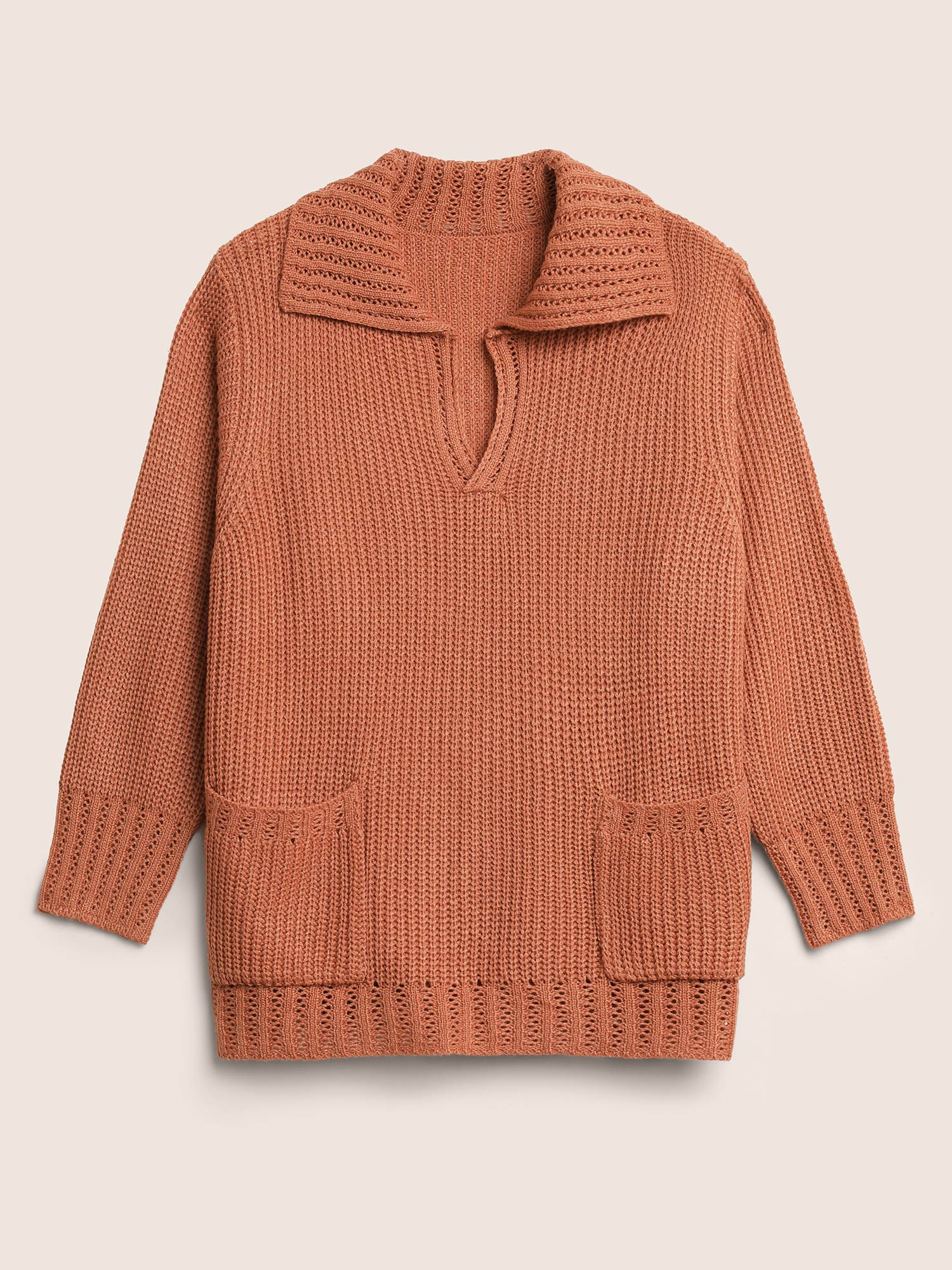 Solid Pocket Pointelle Knit Split Hem Pullover - Image 7