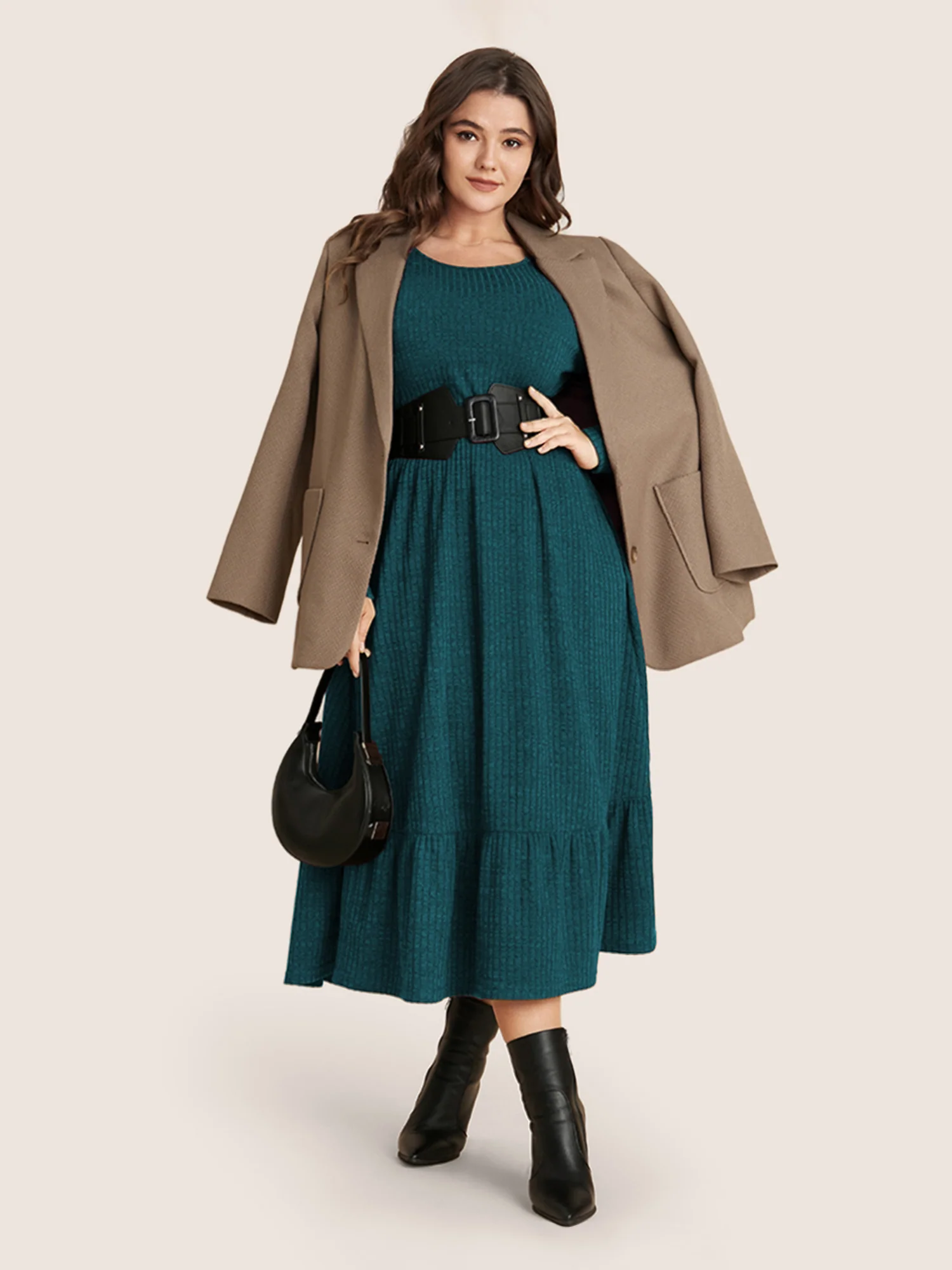 Solid Pocket Rib Knit Ruffle Hem Dress Without Belt - Image 10