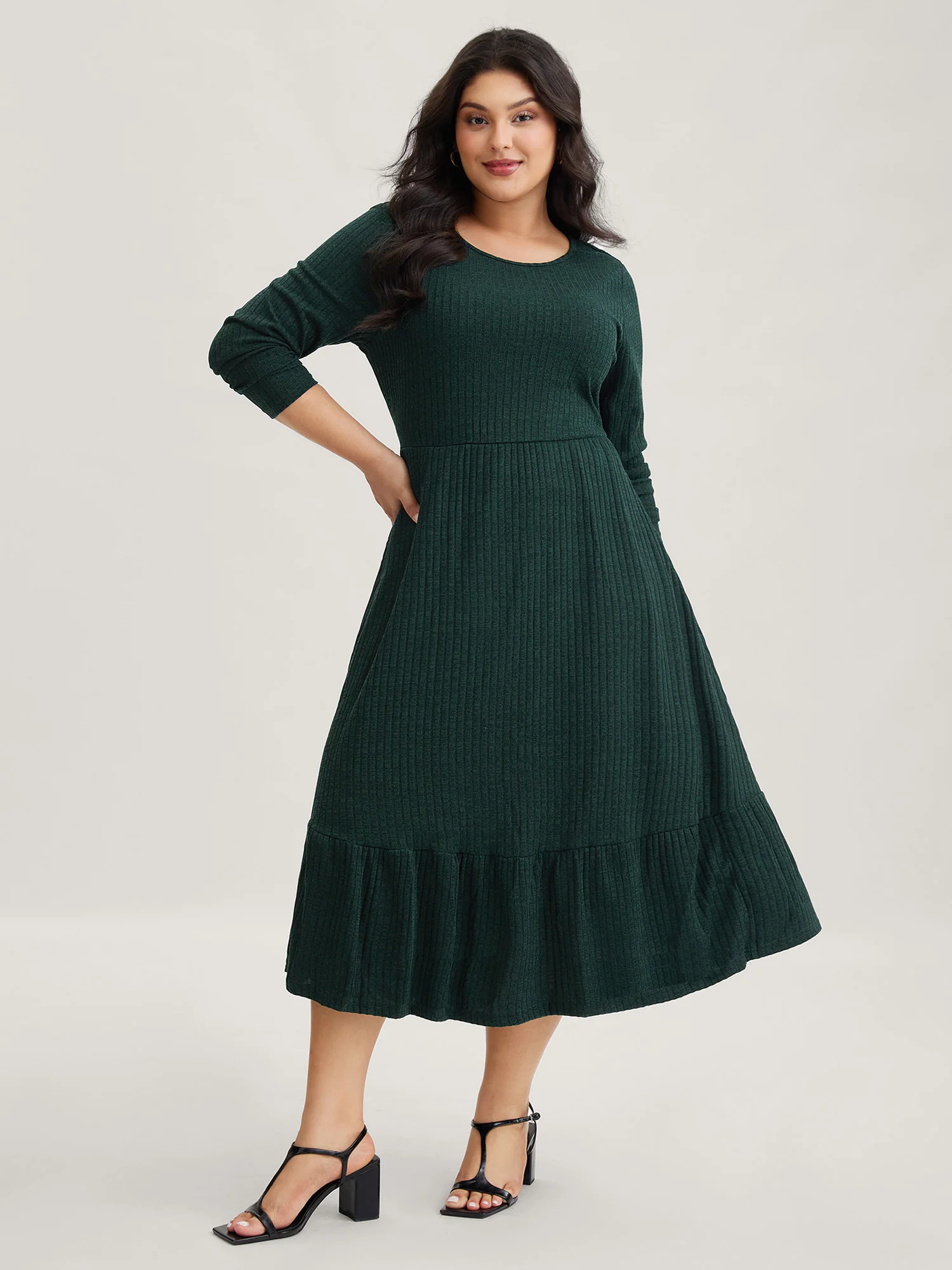 Solid Pocket Rib Knit Ruffle Hem Dress Without Belt - Image 12