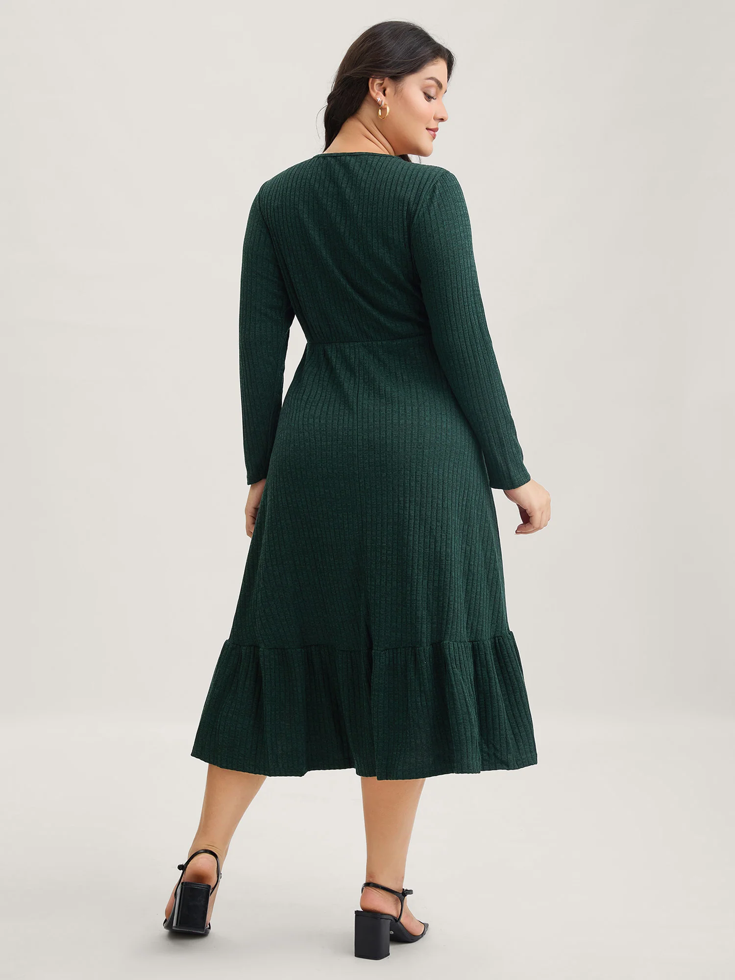 Solid Pocket Rib Knit Ruffle Hem Dress Without Belt - Image 15