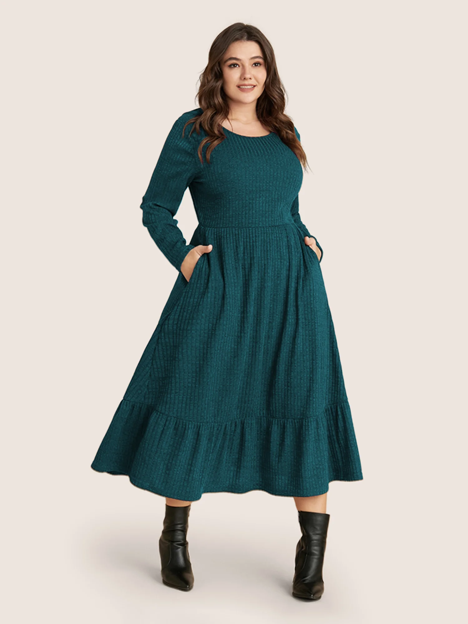 Solid Pocket Rib Knit Ruffle Hem Dress Without Belt - Image 6