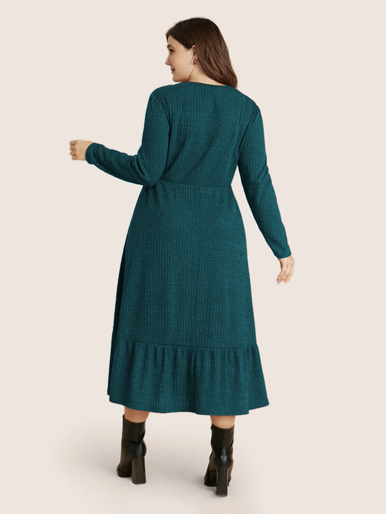 Solid Pocket Rib Knit Ruffle Hem Dress Without Belt - Image 7