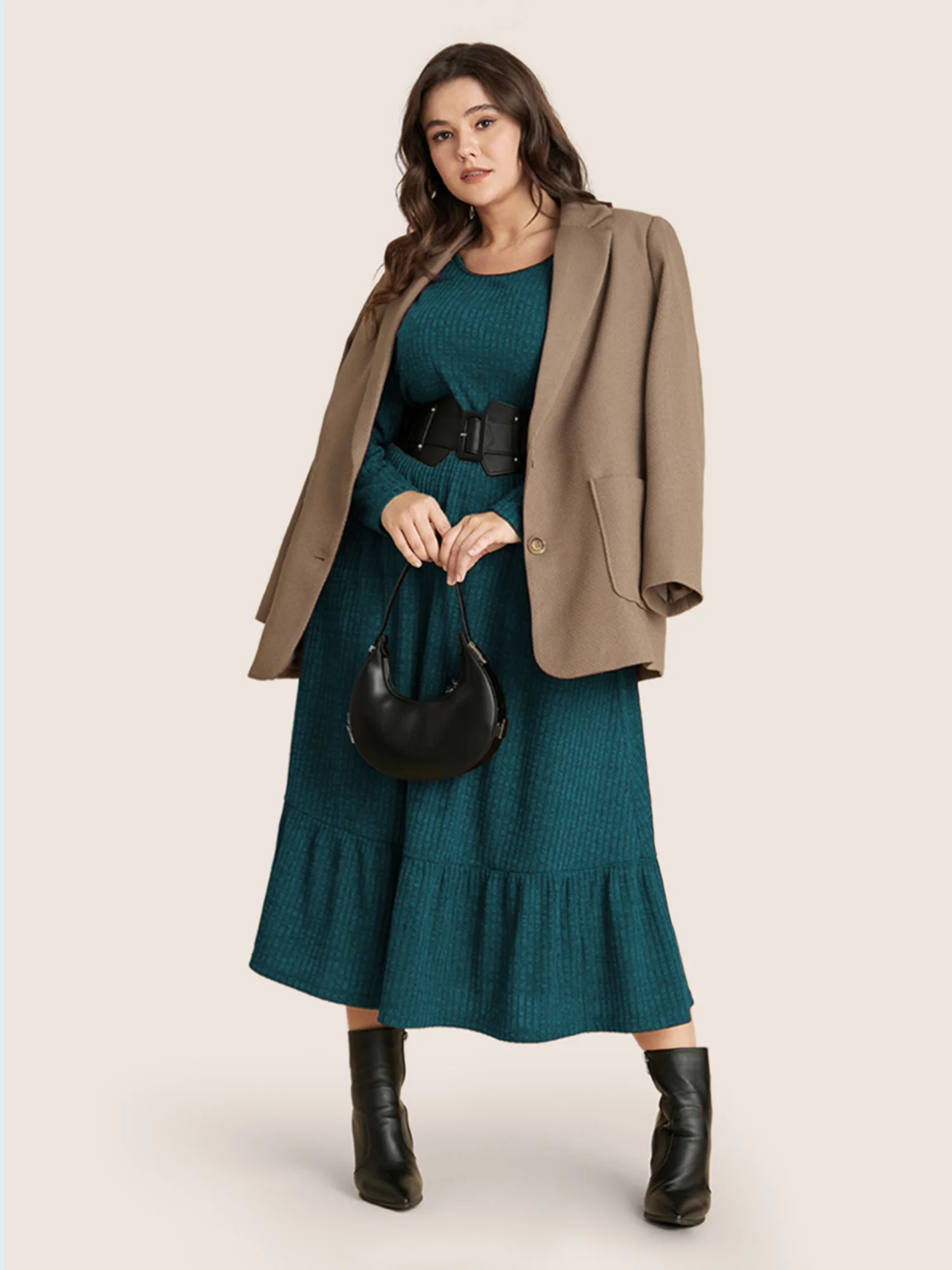 Solid Pocket Rib Knit Ruffle Hem Dress Without Belt - Image 8