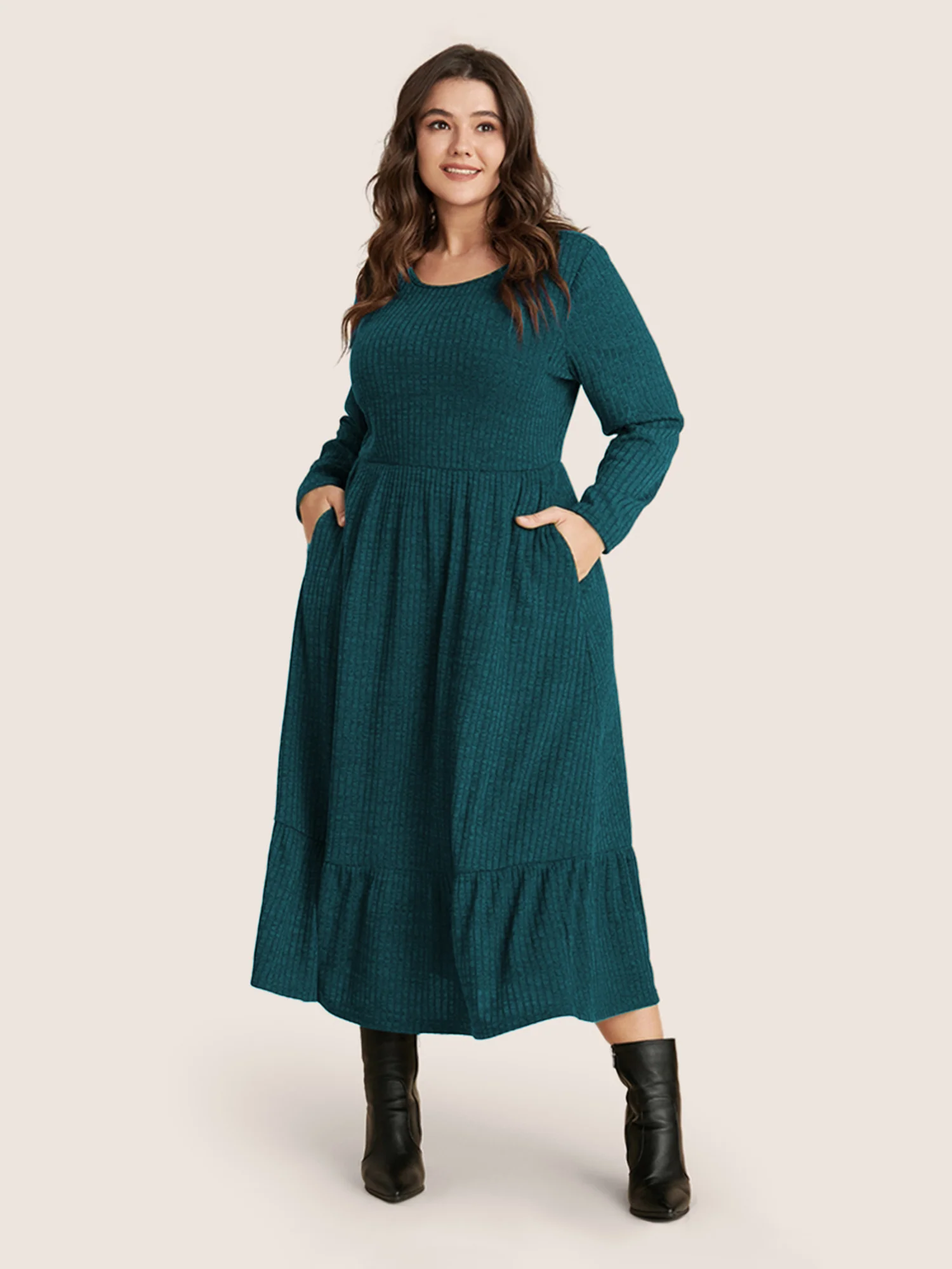 Solid Pocket Rib Knit Ruffle Hem Dress Without Belt - Image 9