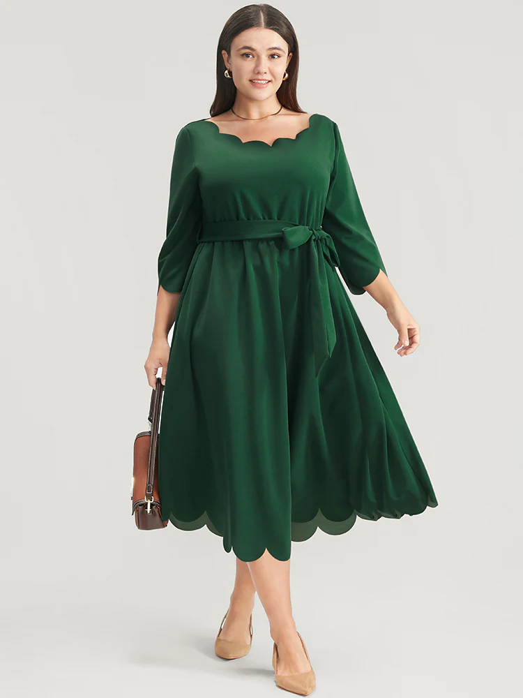 Solid Pocket Scalloped Trim Belted Midi Dress