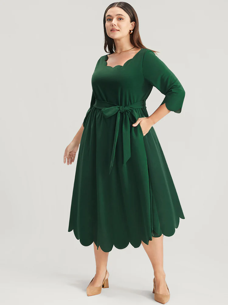 Solid Pocket Scalloped Trim Belted Midi Dress - Image 2