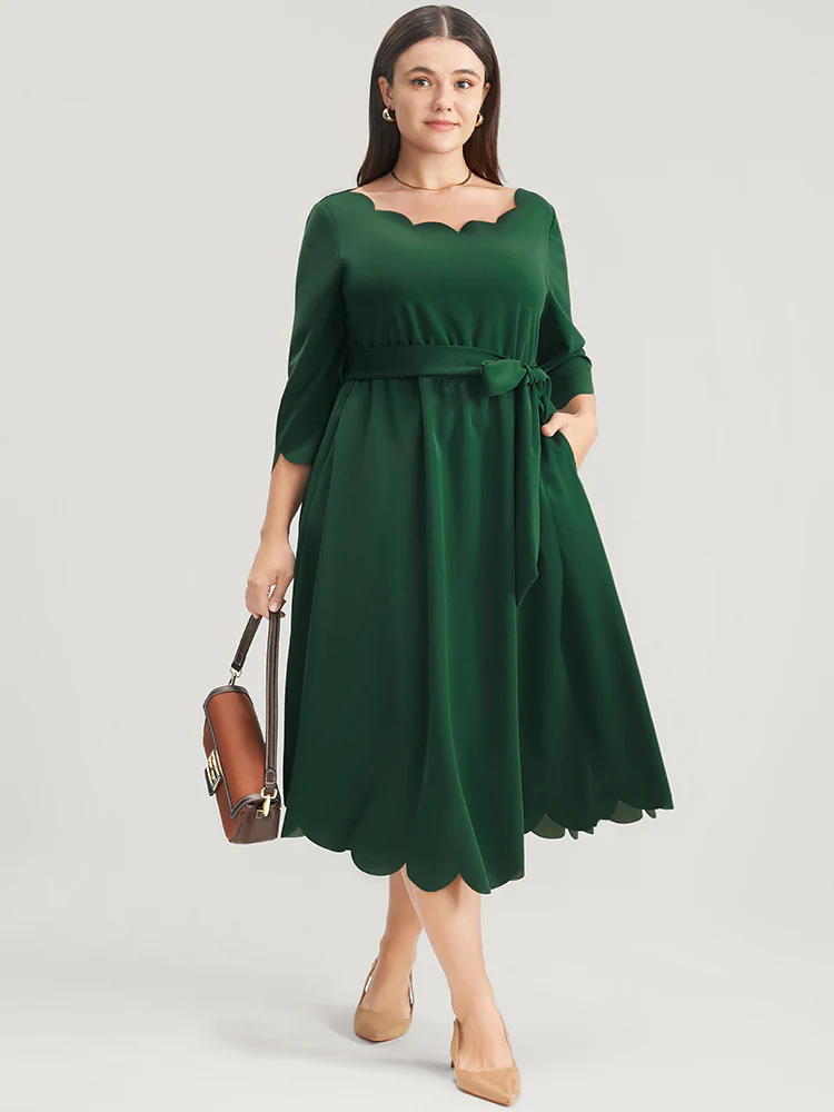 Solid Pocket Scalloped Trim Belted Midi Dress - Image 3