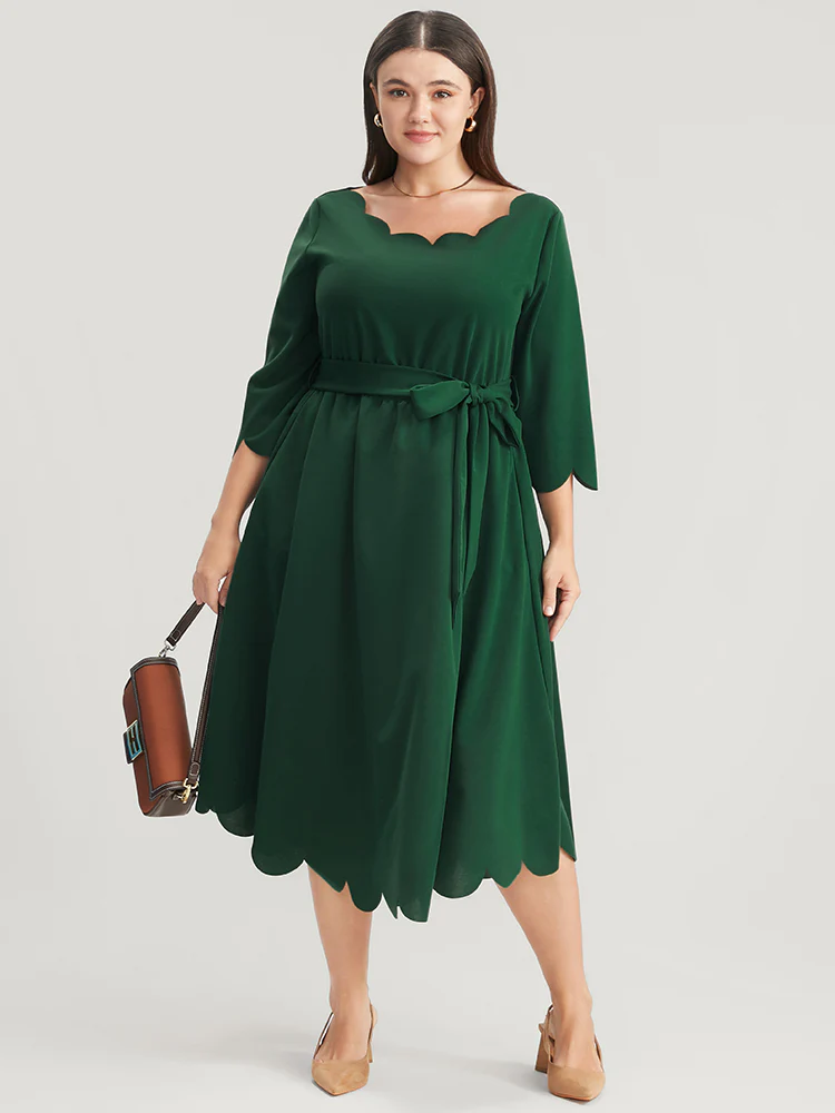 Solid Pocket Scalloped Trim Belted Midi Dress - Image 4