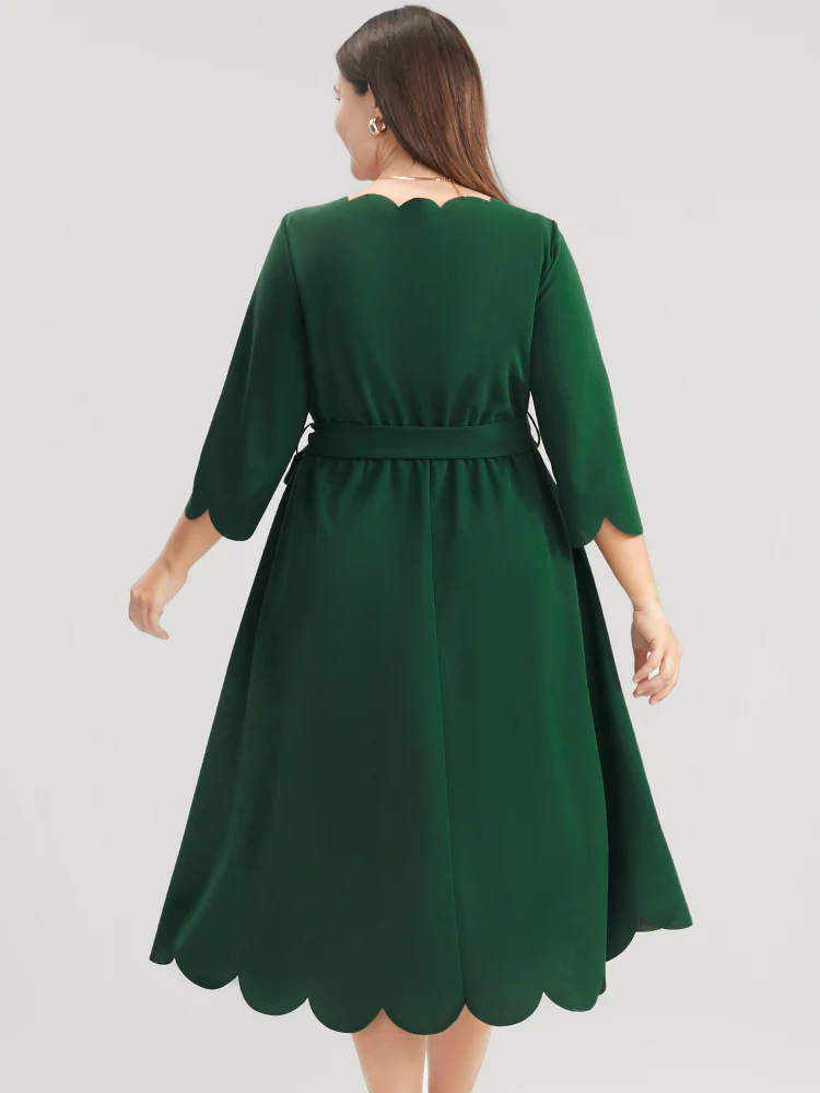 Solid Pocket Scalloped Trim Belted Midi Dress - Image 5