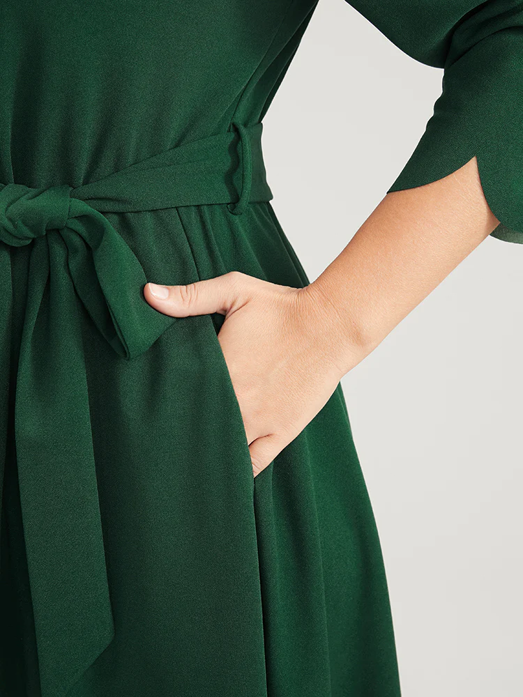 Solid Pocket Scalloped Trim Belted Midi Dress - Image 7