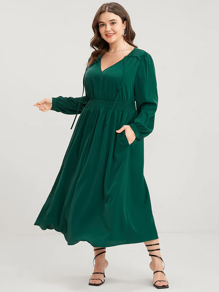Solid Pocket Shirred Tie V Neck Ruffle Hem Dress
