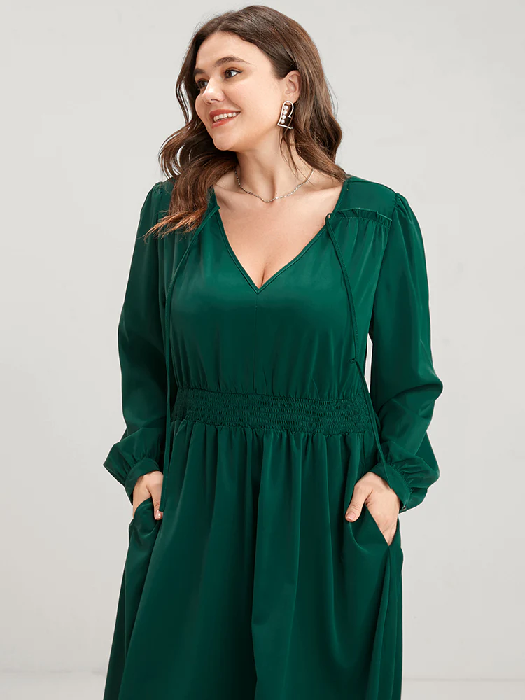 Solid Pocket Shirred Tie V Neck Ruffle Hem Dress - Image 5