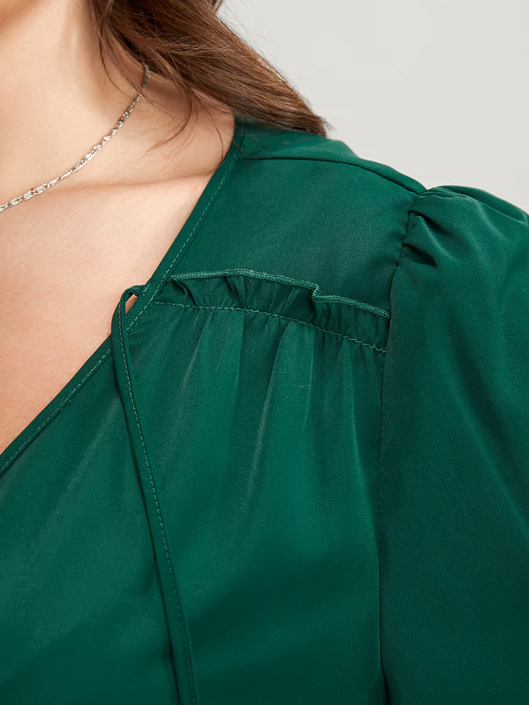 Solid Pocket Shirred Tie V Neck Ruffle Hem Dress - Image 6